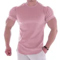 Detailed view of pink men's muscular fitness T-shirt with athletic slim fit and round neck - M / Tops / Pink