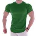 Detail view of men's muscle fit gym t-shirt showing elastic green fabric and curved hem - M / Tops / Green