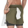 Olive green 2-in-1 quick-dry gym shorts for men with towel loop back view - 3XL / Bottoms / Army Green
