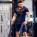 Professional men's high-elastic quick-dry compression gym t-shirt and shorts set for training. - M / Tops / Black Back Print