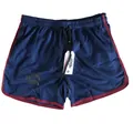 Men's navy blue quick-dry breathable mesh gym shorts with burgundy trim and paw print - M / Bottoms / Navy Red Border