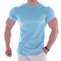 Macro view of light blue muscle fit athletic T-shirt with round neck and elastic fabric - M / Tops / Light Blue