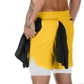 Men's yellow quick-dry double-layer sports shorts with white compression lining - M / Bottoms / Yellow