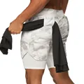 Men's 2-in-1 quick-dry sports shorts with white camo pattern and towel loop design. - M / Bottoms / Graffiti White Camo