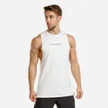 White men's muscle tank top with breathable fitness fabric and LEAD THE PACK slogan print. - Plain White