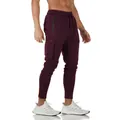 Men's burgundy slim fit cargo joggers with multi-pockets and zipper details for gym. - Burgundy