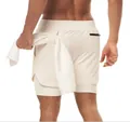 Beige men's quick-dry 2-in-1 fitness shorts featuring a functional back towel loop - M / Bottoms / Beige
