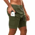 Men's olive green quick-dry 2-in-1 athletic shorts with a built-in phone pocket. - M / Bottoms / Green with Green Lining
