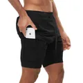 Detail view of black men's 2-in-1 sports shorts showing functional inner phone pocket - M / Bottoms / Black with Black Lining