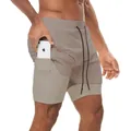 Men's 2-in-1 quick-dry sports shorts with built-in compression and phone pocket khaki - M / Bottoms / Khaki