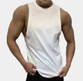 Detailed view of a white men's muscle fitness tank top for gym training sessions. - M / Tops / White