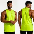 Professional front and back view of a neon yellow men's fitness muscle tank top - M / Tops / Fluorescent Green
