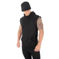 Premium men's black sleeveless hooded gym vest featuring stylish raw edge cut design details - M / Tops / Black