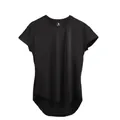Front view detail of a solid black bodybuilding t-shirt with curved hem - M / Tops / Black