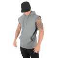 Men's sleeveless fitness hoodie in grey featuring raw edges and a kangaroo pocket - M / Tops / Heather Grey