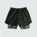 Close-up detail of men's quick-dry double-layer sports shorts with camouflage lining - M / Bottoms / Black
