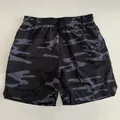 Flat lay of men's quick-dry gym shorts featuring a grey camouflage pattern and drawstring. - S / Bottoms / Grey Camouflage