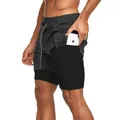 Pantalones cortos deportivos de doble capa negros para hombre con bolsillo para teléfono. - M / Bottoms / Negro Liso