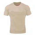 Front view of a men's beige athletic muscle fit short sleeve t-shirt with crew neck - Khaki