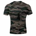 Close-up detail view of men's athletic muscle fit t-shirt with camouflage pattern - Camouflage