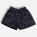 Detail of breathable mesh fabric on leopard print streetwear athletic shorts - S / Bottoms / Black Leopard