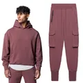 Men's mauve two-piece sports tracksuit with hoodie and multi-pocket cargo sweatpants - S / Top And Bottom / Fuschia