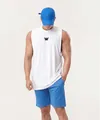 Close-up of white oversized men's gym vest with side split and chest logo - S / Tops / White (Black Label)
