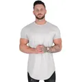Men's athletic grey short sleeve T-shirt with curved hem, slim fit style on male model - Gray