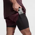 Burgundy 2-in-1 men's athletic running shorts featuring a secure inner phone pocket - Wine Red with Black