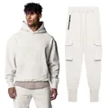 Men's cream sports tracksuit set featuring hoodie and cargo jogger pants details - S / Top And Bottom / White