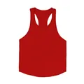 Detailed front view of a vibrant red men's fitness stringer tank top on white background. - M / Tops / Red