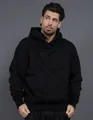 Front view of 400G heavy fleece black hooded sweatshirt with loose drop shoulder fit - S / Tops / Black