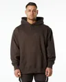 Front view of men's heavyweight brown loose fit hoodie with hood and front pocket - S / Tops / Brown