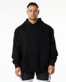 Front view detail of a men's heavyweight loose black solid color hooded sweatshirt - S / Tops / Black