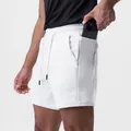 Close-up view of the functional side phone pocket on white cotton men's sports shorts - S / Bottoms / White