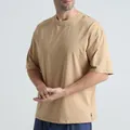 Men's loose fit cotton T-shirt in camel with round neck and side split hem detail - Dark Khaki