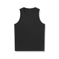 Detailed macro view of breathable black mesh fabric on a men's V-neck sports tank top. - S / Tops / Black