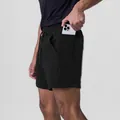Detail view of men's black sports shorts showing the convenient side phone pocket - S / Bottoms / Black