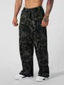 Men's loose street style jogger pants with realistic forest tree camouflage print - S / Bottoms / Black Camo