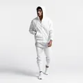 Full body view of men's white slim-fit jogger set and zip-up hoodie for autumn sports. - S / Top And Bottom / White