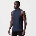 Macro view of navy blue fitness tank top showing wide armhole design and cotton fabric. - Navy Blue