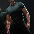 Detail of men's quick-dry compression gym t-shirt with breathable mesh texture. - S / Tops / Black and Blue Patchwork