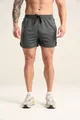 Detail view of men's grey quick-dry fitness shorts with adjustable drawstring waist. - S / Bottoms / Dark Gray