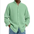 Close-up detail of men's sage green waffle knit long sleeve shirt showing fabric texture - S / Tops / Light Green