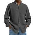 Macro view showing the waffle weave texture of a men's dark grey long-sleeved casual shirt - S / Tops / Gray