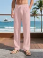 Close-up of men's breathable pink linen pants with drawstring for beach vacation. - Pink