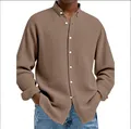 Men's casual brown waffle knit shirt with long sleeves and button-down front detail - Camel