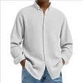 Detail shot of a men's light gray waffle knit long sleeve shirt for a casual look - S / Tops / White