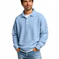 Close-up of light blue waffle knit polo shirt showing refined texture and collar details - Light Blue