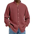 Detailed view of the waffle knit texture on this men's burgundy long sleeve casual shirt - S / Tops / Burgundy